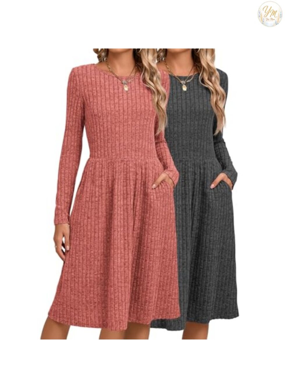 2 Pack Women's Ribbed Knit Midi Sweater Dress Long Sleeve Crew Neck